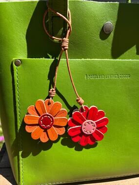 Genuine Leather Red Brown Daisy Bag Charm Flowers Purse Charm